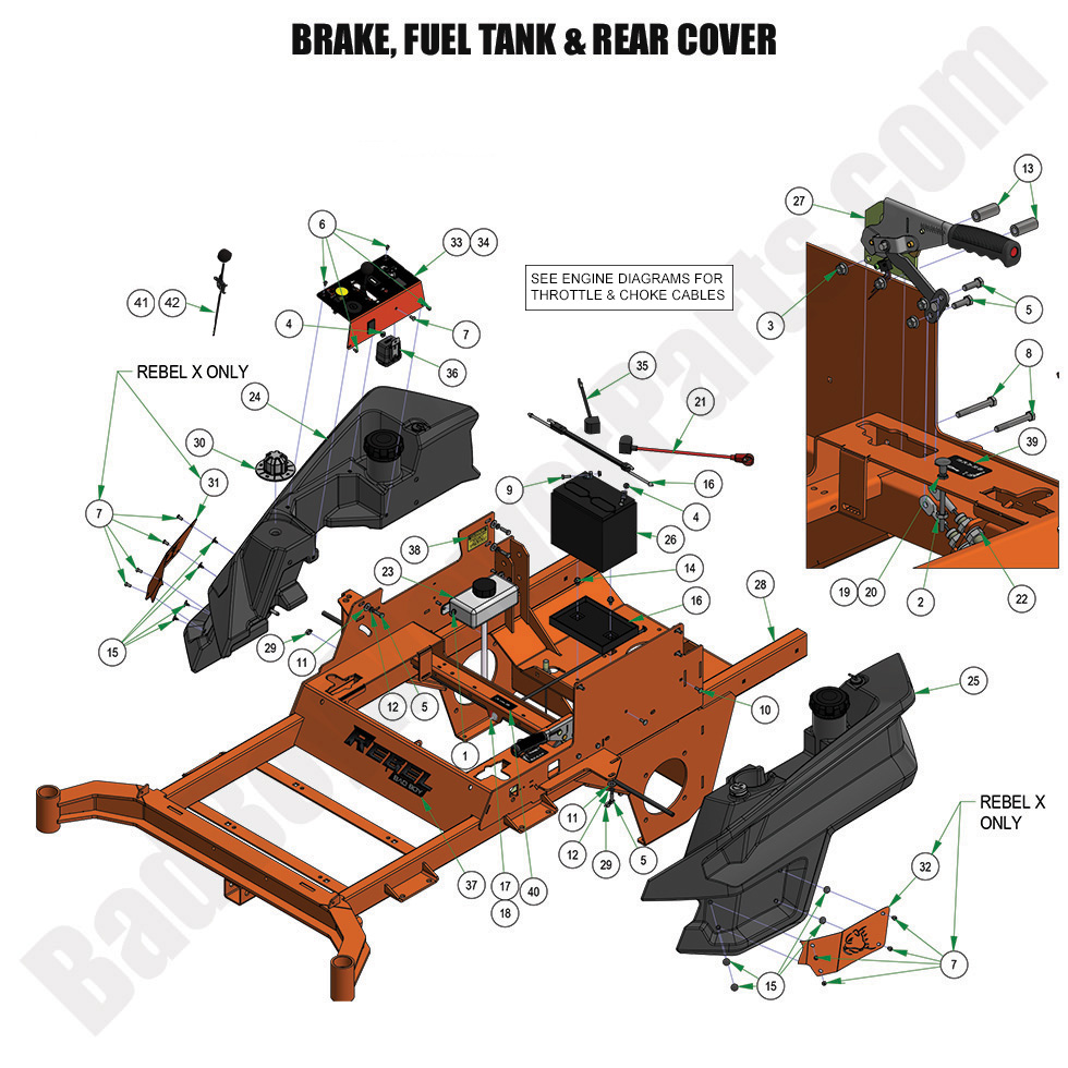 3427 - Bad Boy Mower Parts Lookup > 2024 > Rebel & Rebel X > Brake, Fuel Tank & Rear Cover